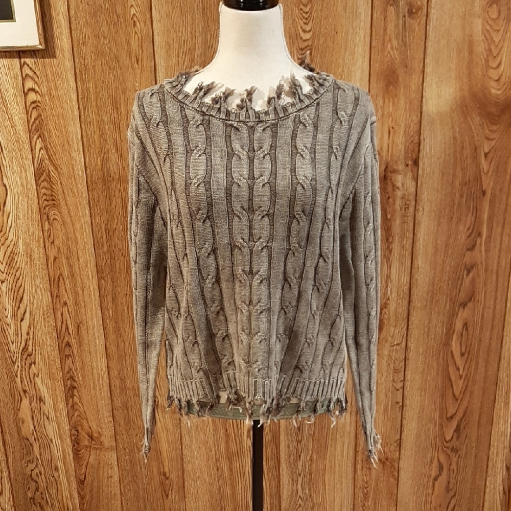 🥀NWOT Zenana Mineral Wash Brown Cable-Knit Frayed Sweater/Long Sleeves (S)🥀